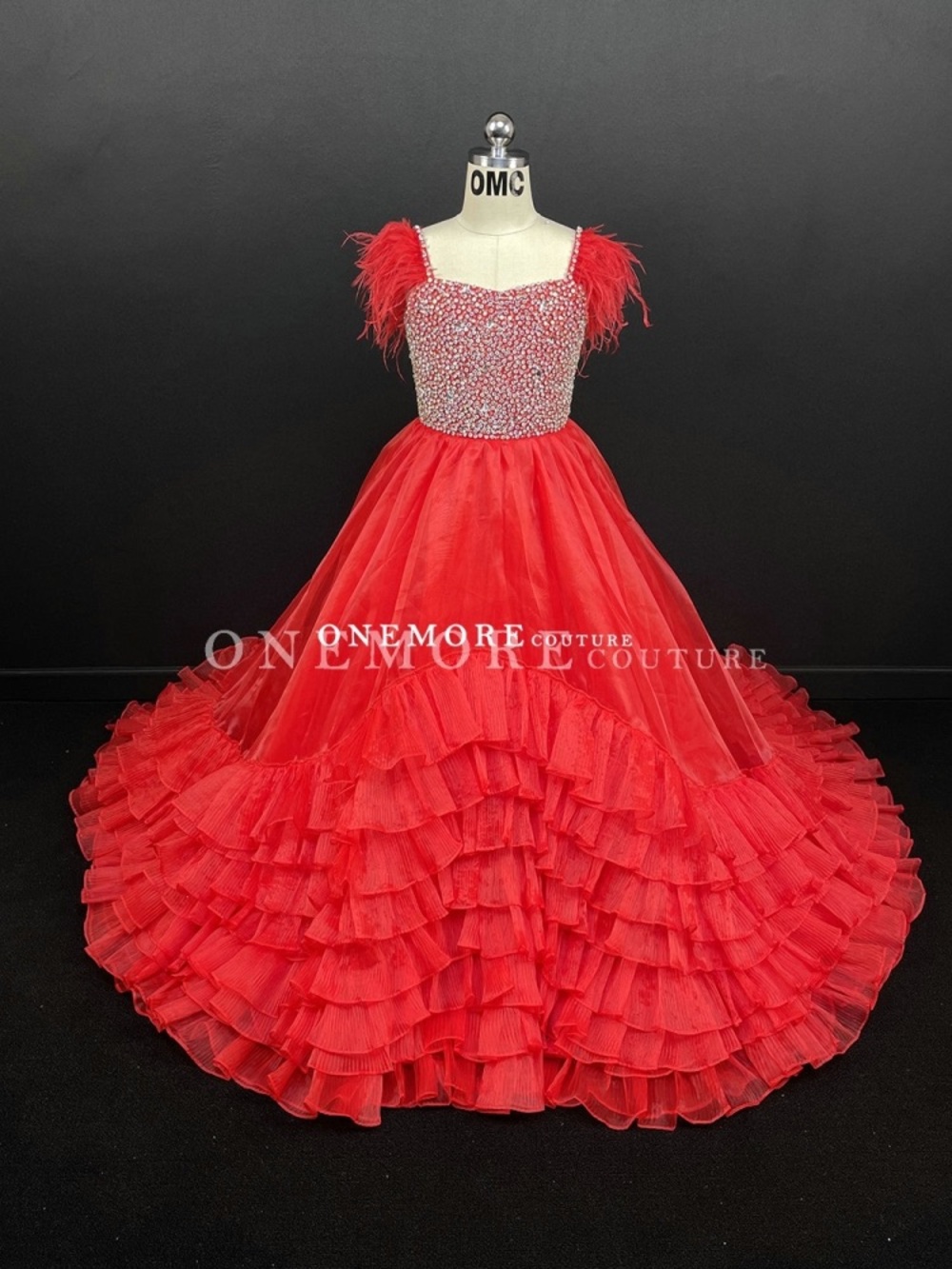 OMC Red Beaded Feather Strap pageant girl Gown